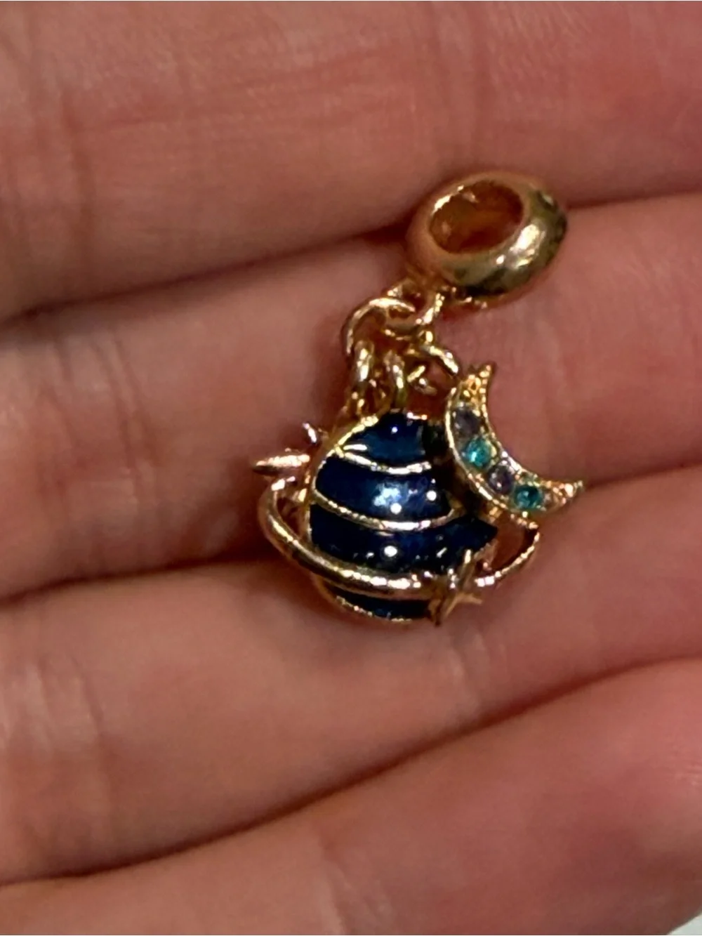Gold-Tone Planet & Moon Charm Bracelet Pendant - Navy Enamel